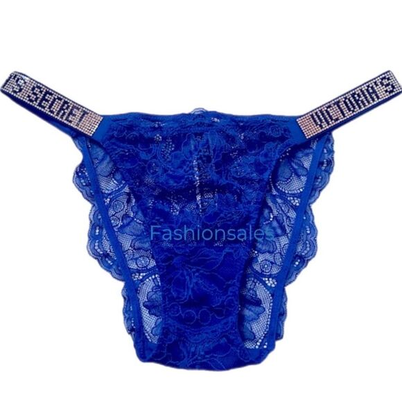 Victorias Secret Crystals Rhinestone Shine Strap Bikini Lace Panty blue Oar Lace - Picture 1 of 9